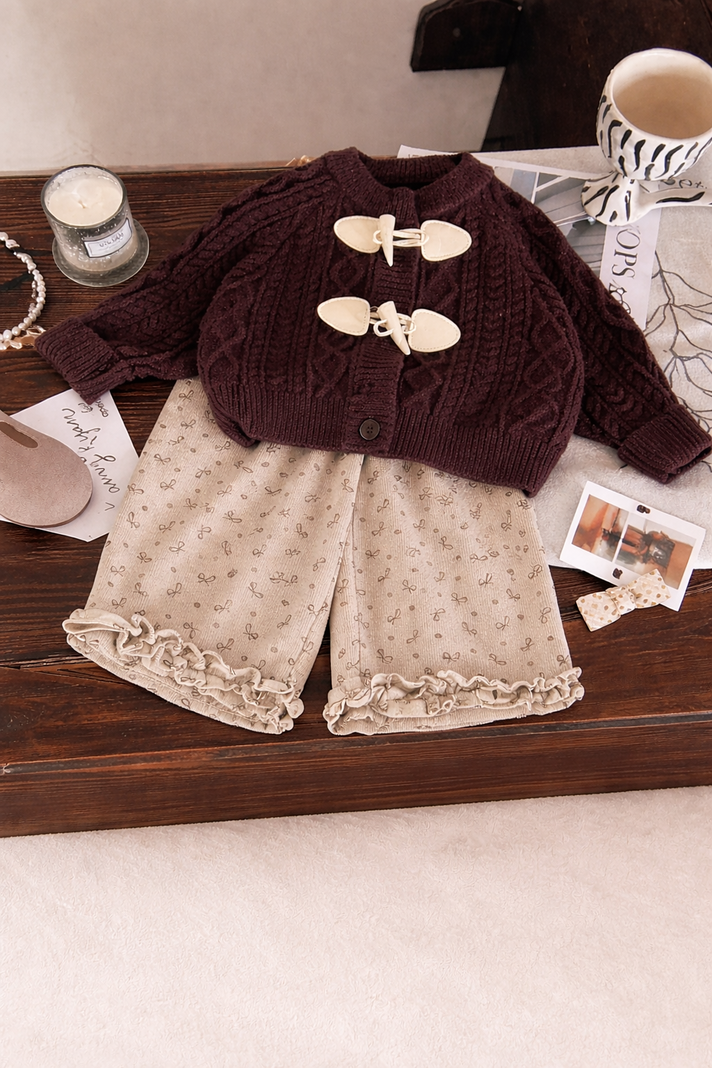 Thick knit Cardigan and Bow Trouser Set