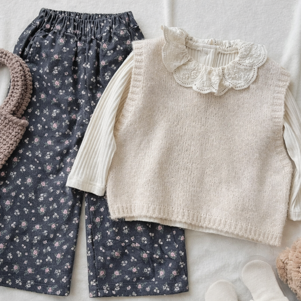 3-piece Knit Waistcoat Floral Trouser Set