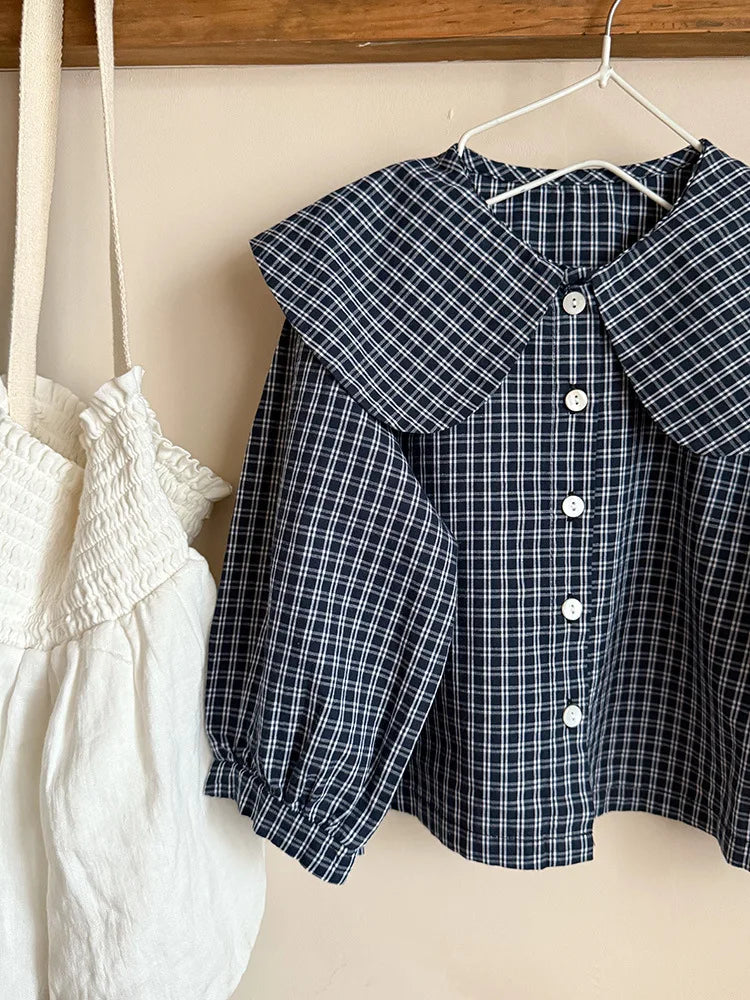 Plaid Long Sleeve Big Collar Shirt