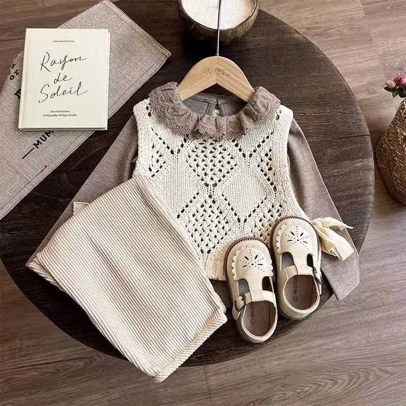 Neutral Knitted Vest and Loose Trouser 3-Piece Set