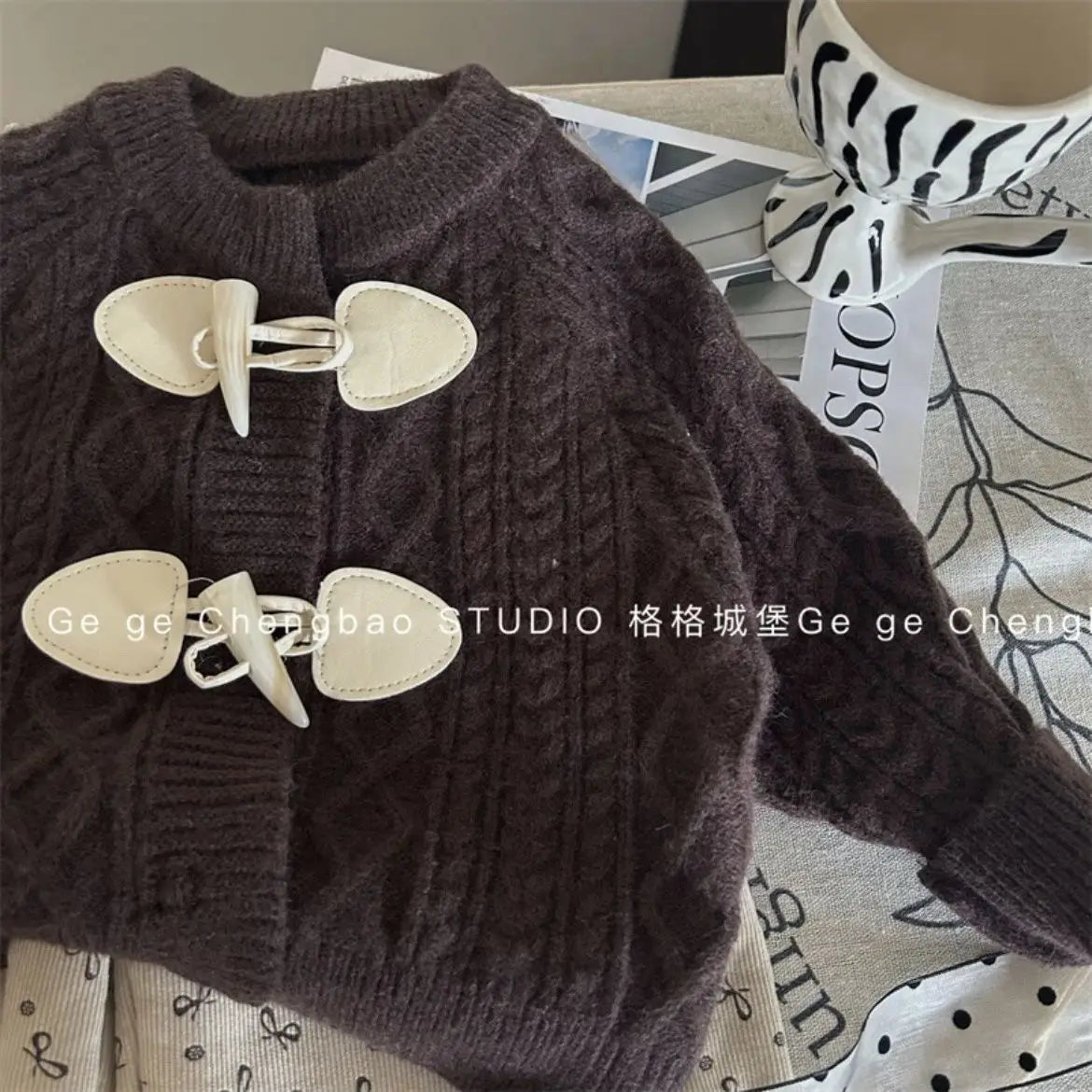 Thick knit Cardigan and Bow Trouser Set
