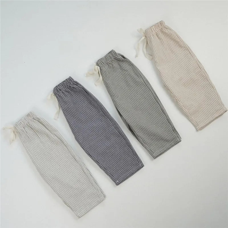 Summer Drawstring Cotton Striped Trousers