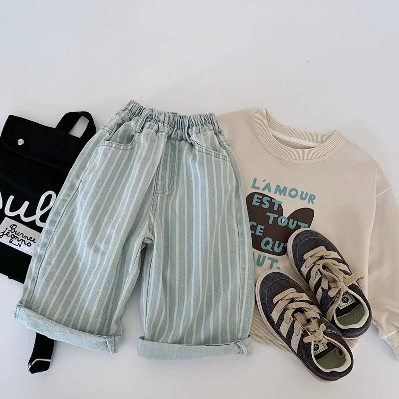 Loose Light Wash Denim Striped Jeans