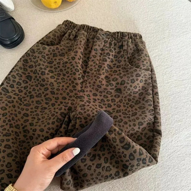 Velvet Leopard Print Casual Trousers