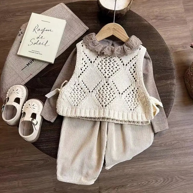 Neutral Knitted Vest and Loose Trouser 3-Piece Set