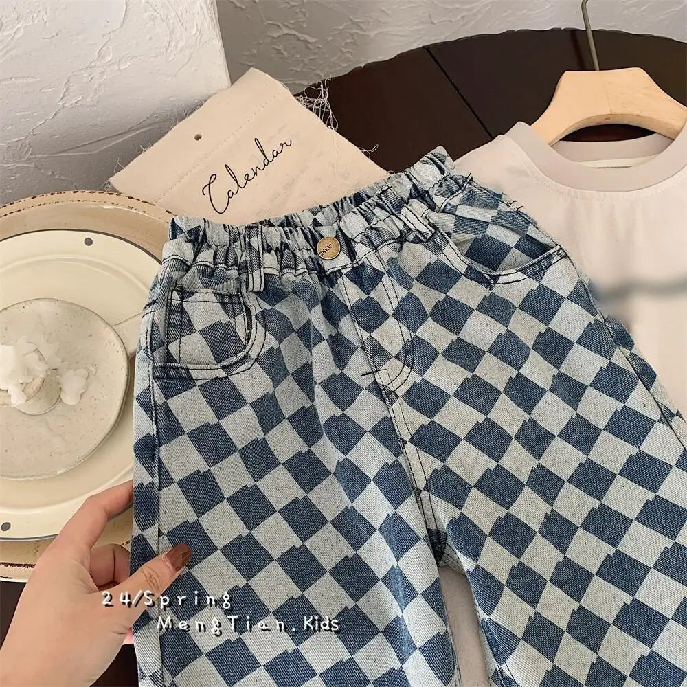 Rhomboid Blue Denim Jeans