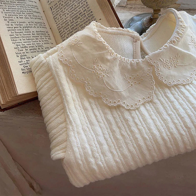 Embroidered Collar Waffle Top