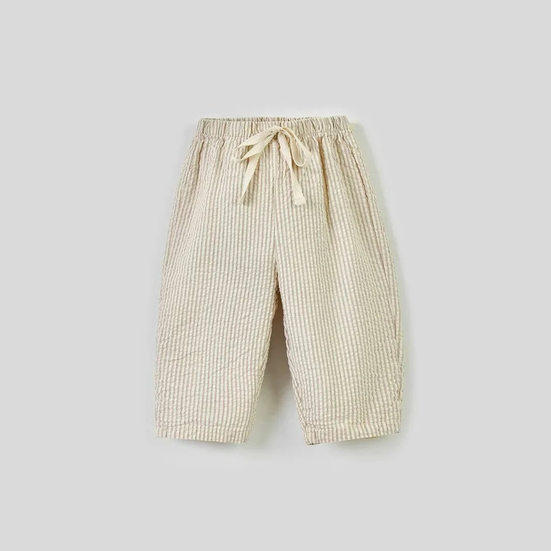 Summer Drawstring Cotton Striped Trousers