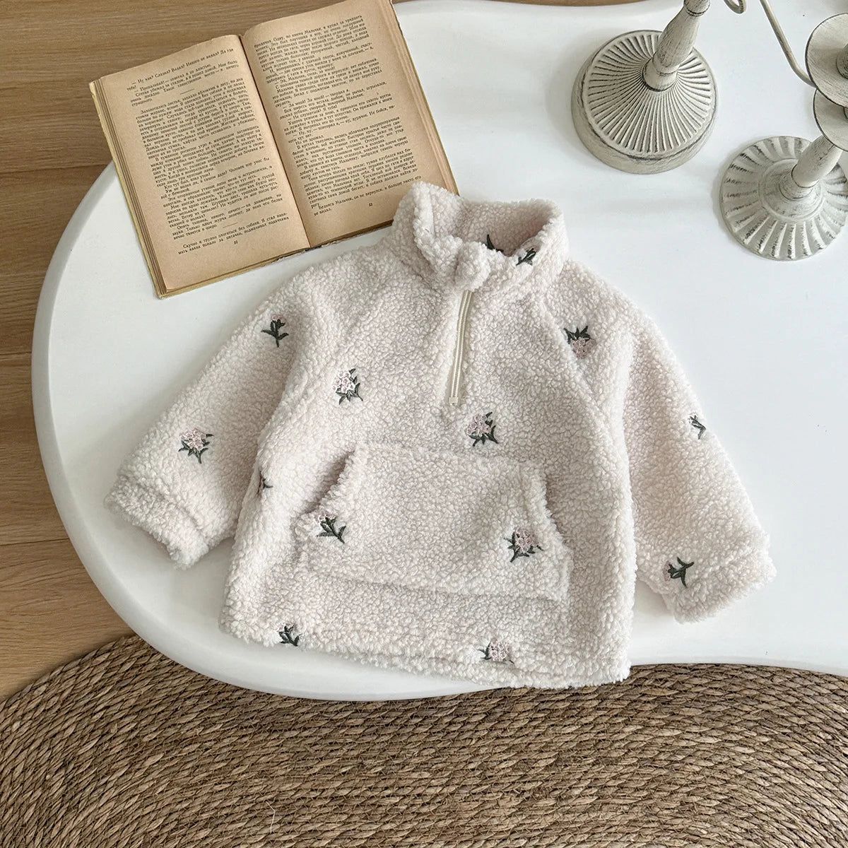 Embroidered Floral Fleece Pullover Jacket