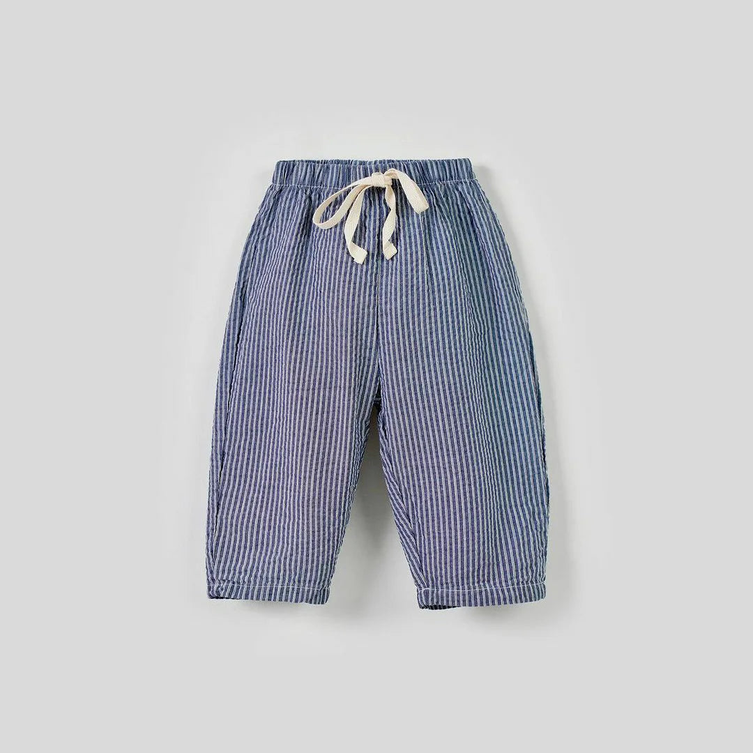 Summer Drawstring Cotton Striped Trousers