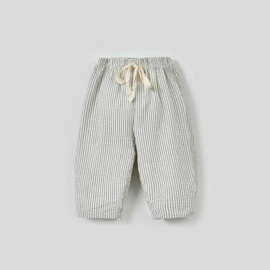 Summer Drawstring Cotton Striped Trousers