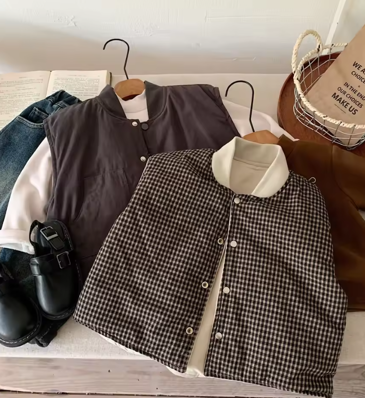 Sleeveless Reversable Plaid Vest Jackets