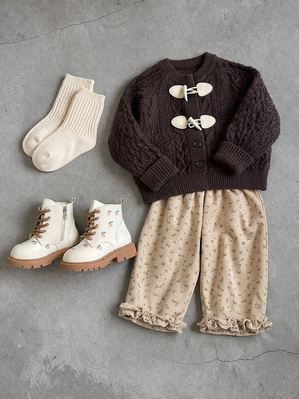 Thick knit Cardigan and Bow Trouser Set