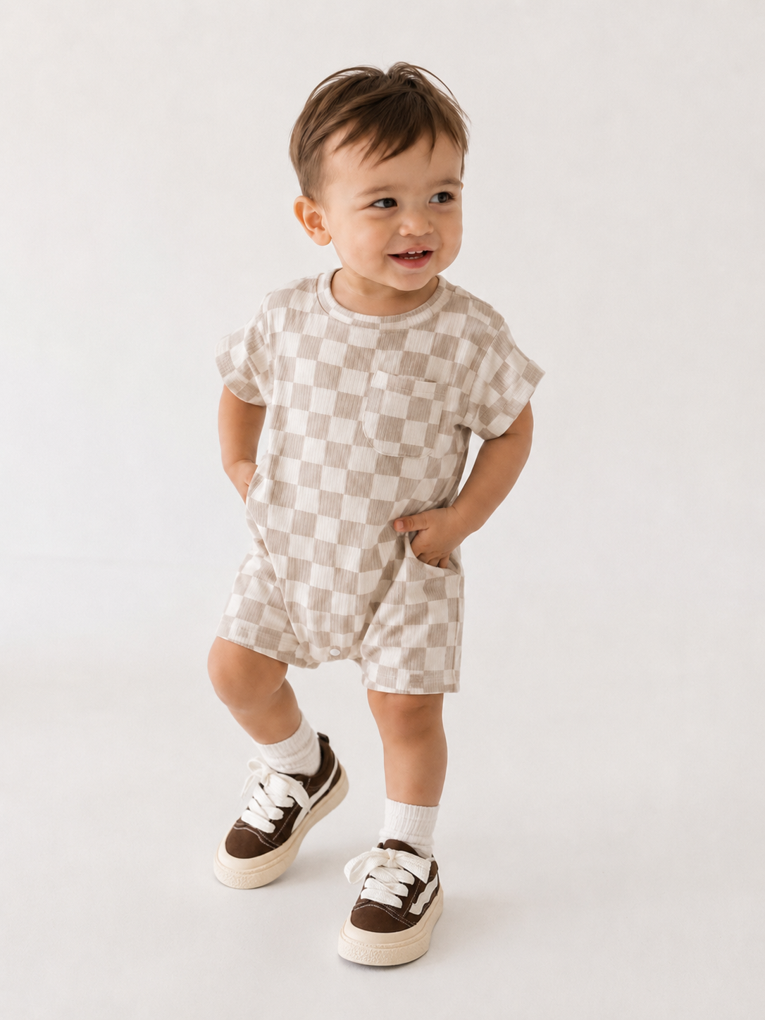 Beige  Checkerboard Romper