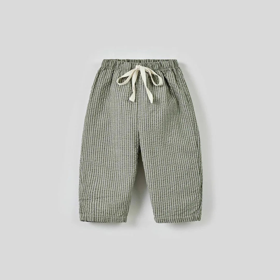 Summer Drawstring Cotton Striped Trousers