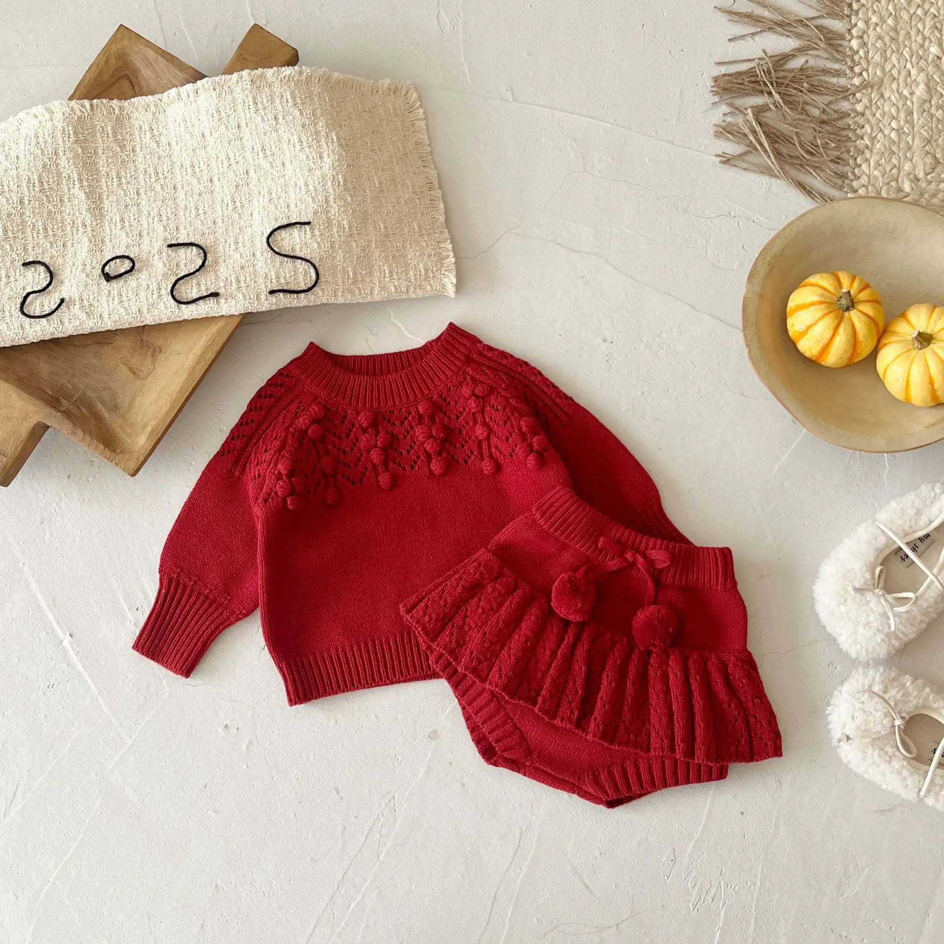 Knitted Pom Sweater and Bloomers Set