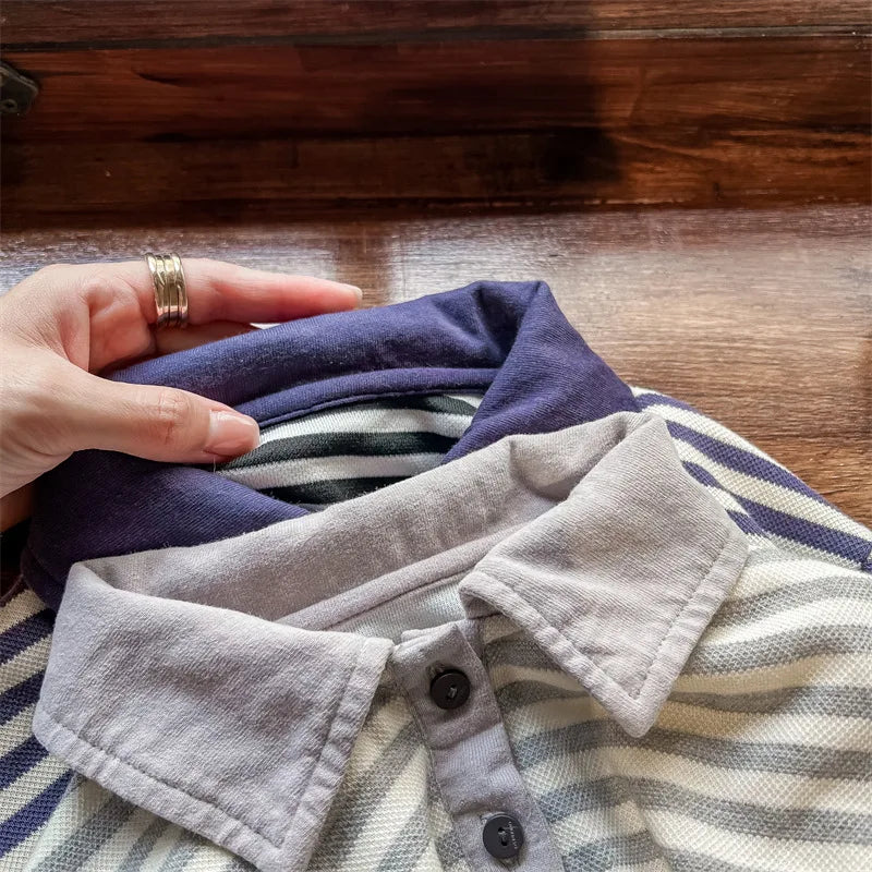 Thick Striped Long Sleeve Polo Shirt