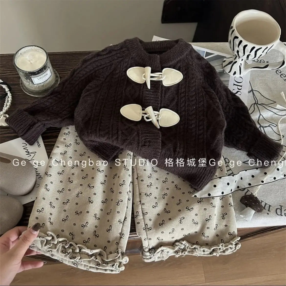 Thick knit Cardigan and Bow Trouser Set