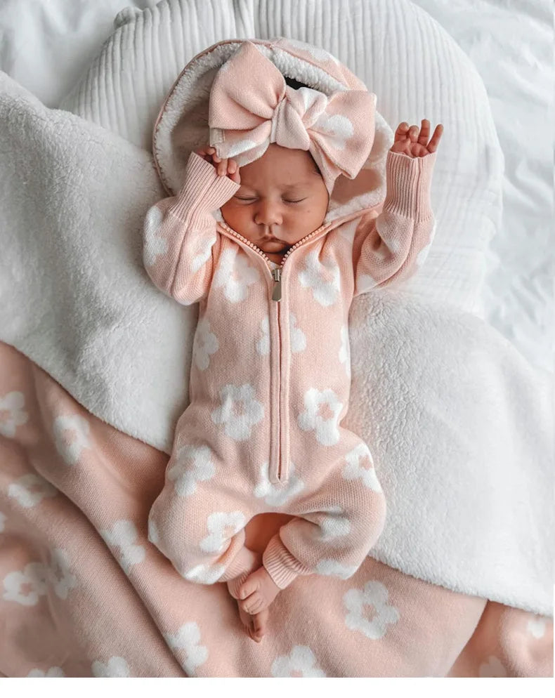 Little Trendsetters Blossom Knit Hooded Zip Romper