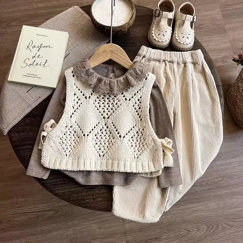 Neutral Knitted Vest and Loose Trouser 3-Piece Set