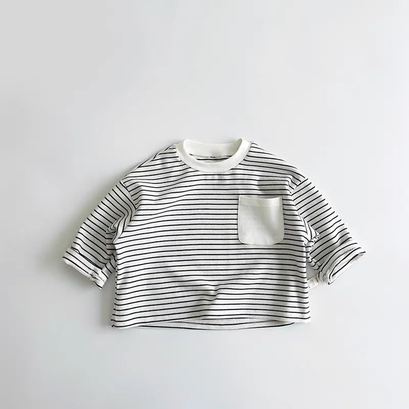 Striped Pocket Long Sleeved Loose T-Shirt