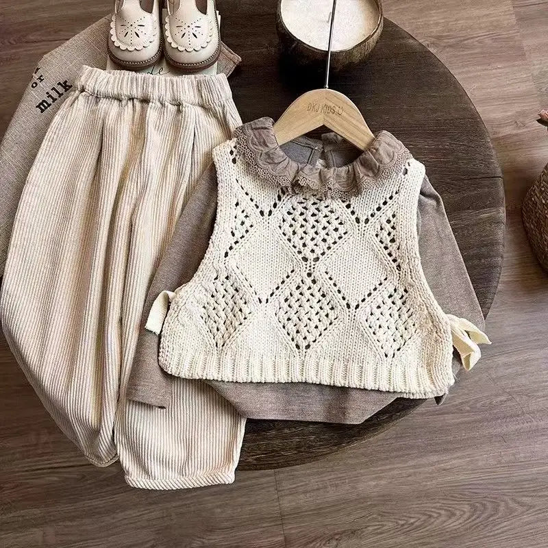 Neutral Knitted Vest and Loose Trouser 3-Piece Set