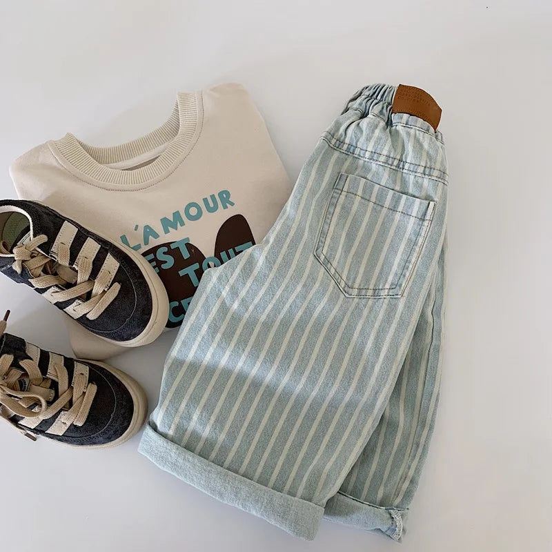 Loose Light Wash Denim Striped Jeans