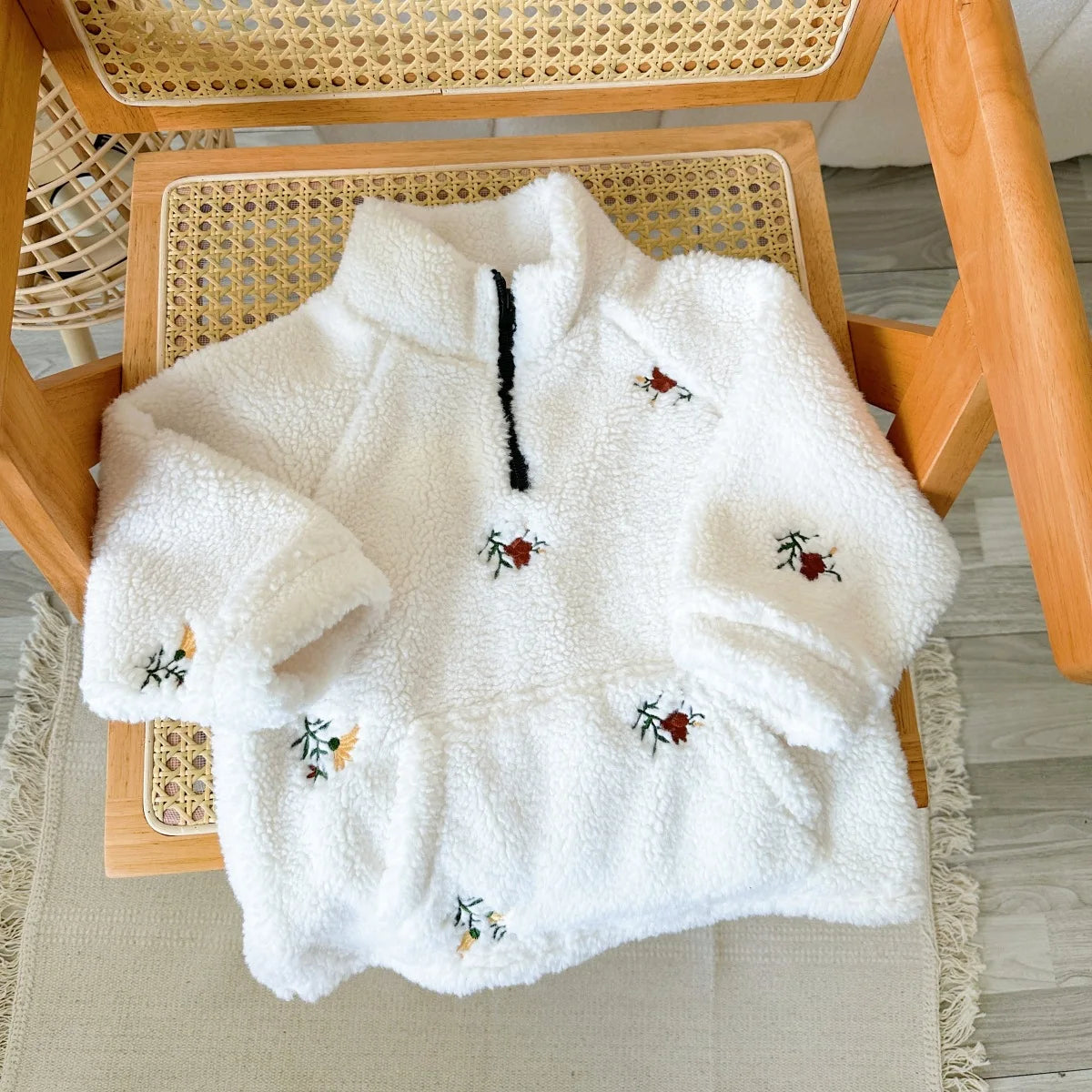Embroidered Floral Fleece Pullover Jacket
