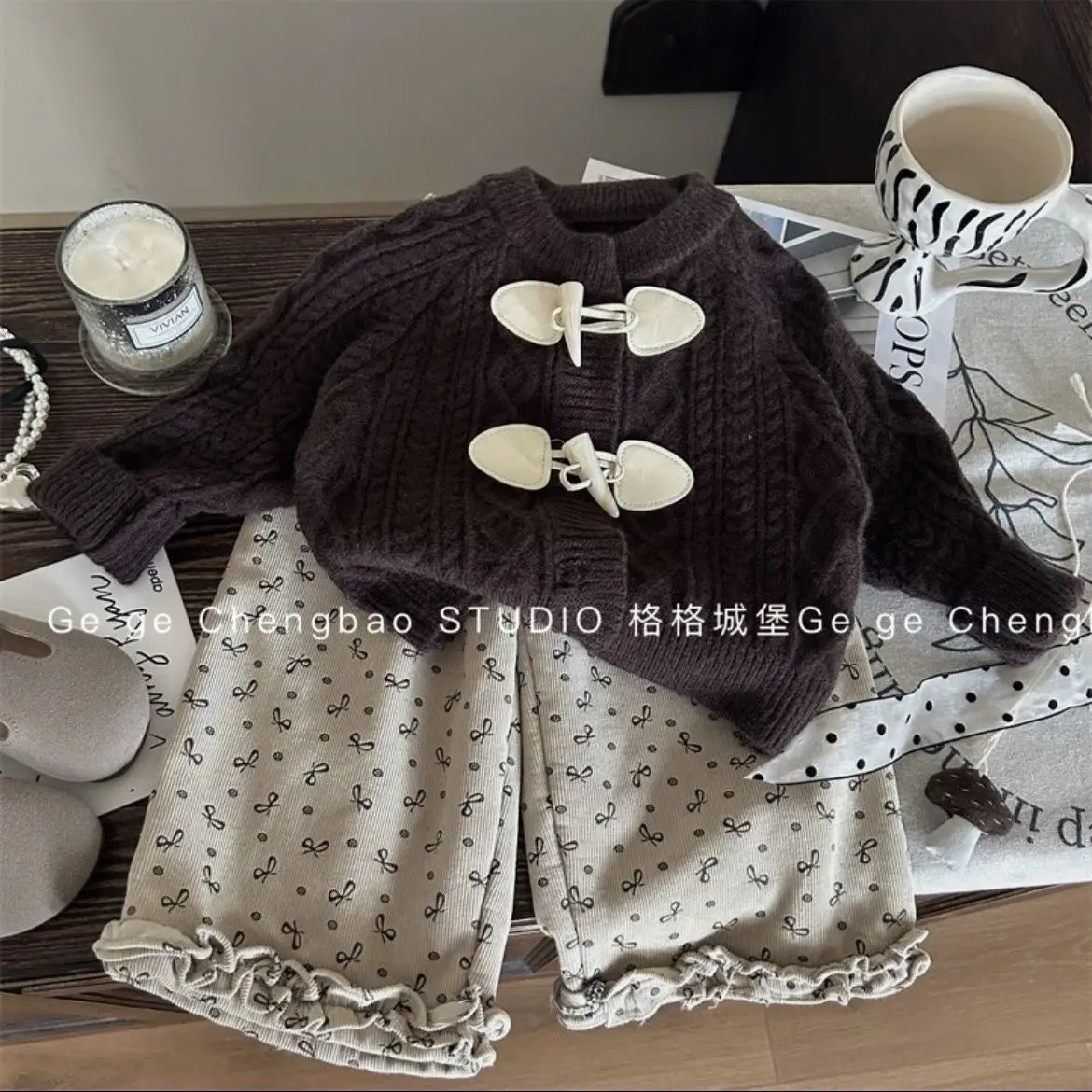 Thick knit Cardigan and Bow Trouser Set