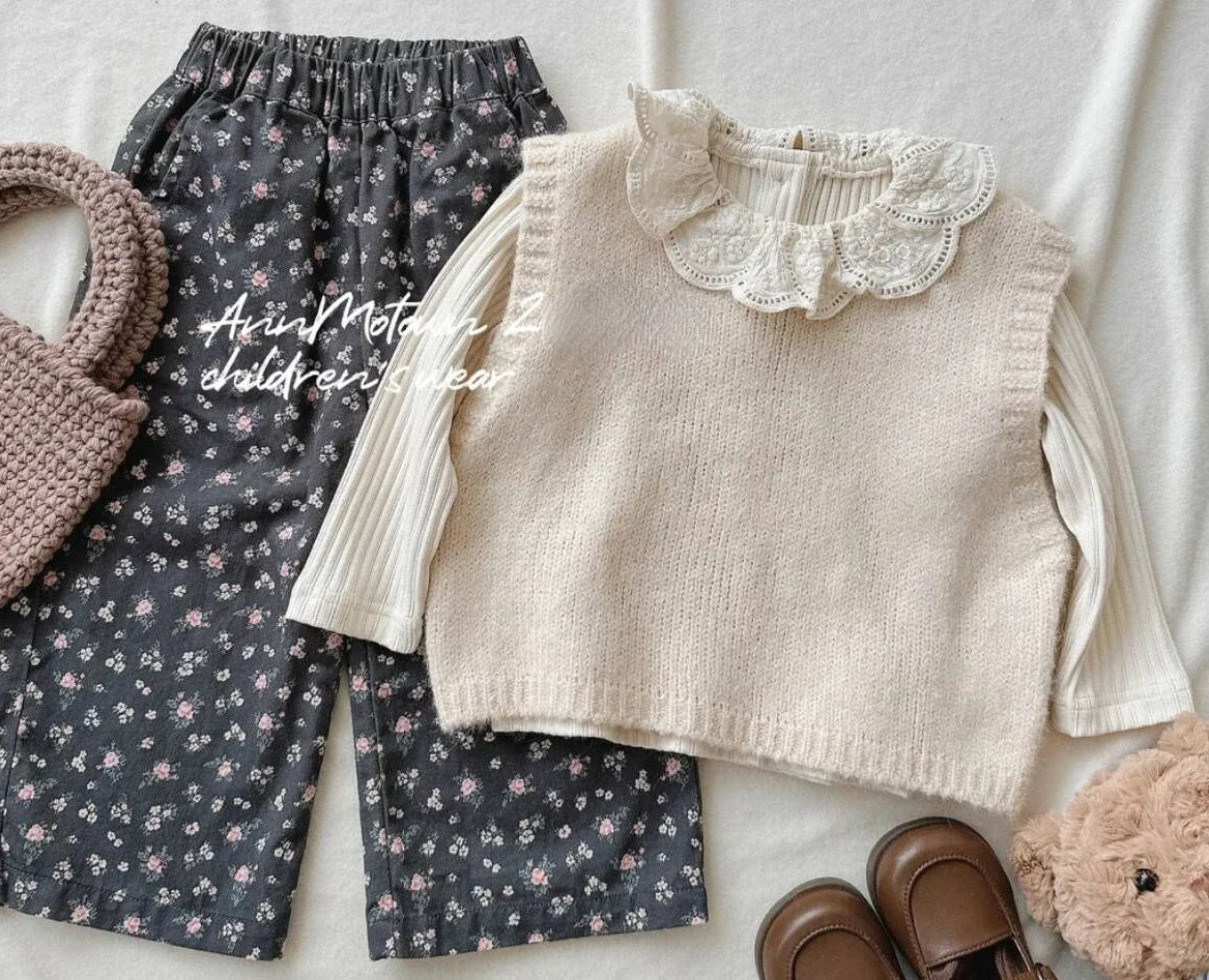 3-piece Knit Waistcoat Floral Trouser Set