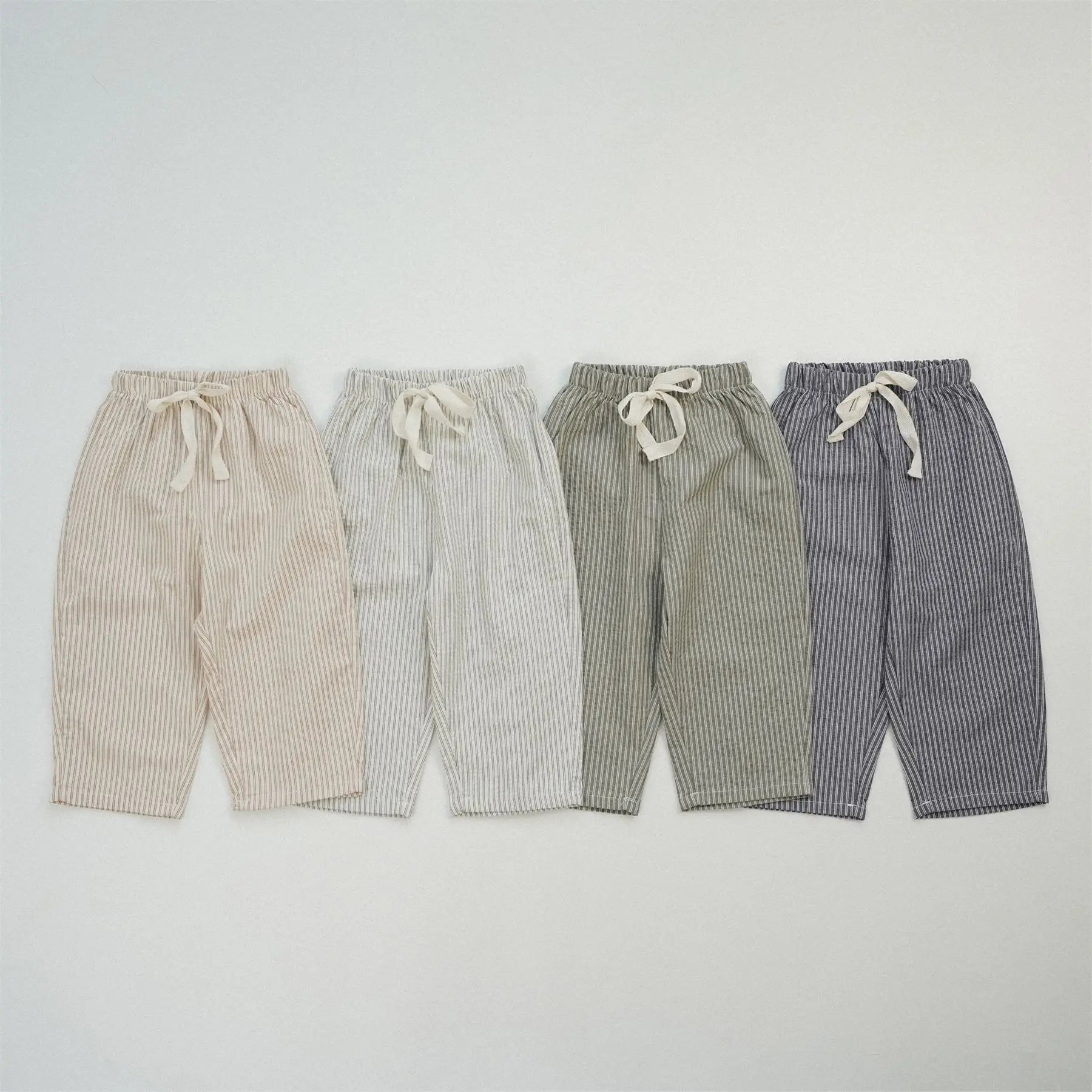 Summer Drawstring Cotton Striped Trousers