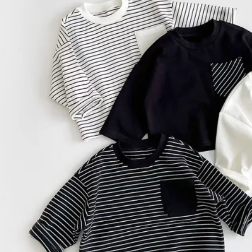 Striped Pocket Long Sleeved Loose T-Shirt